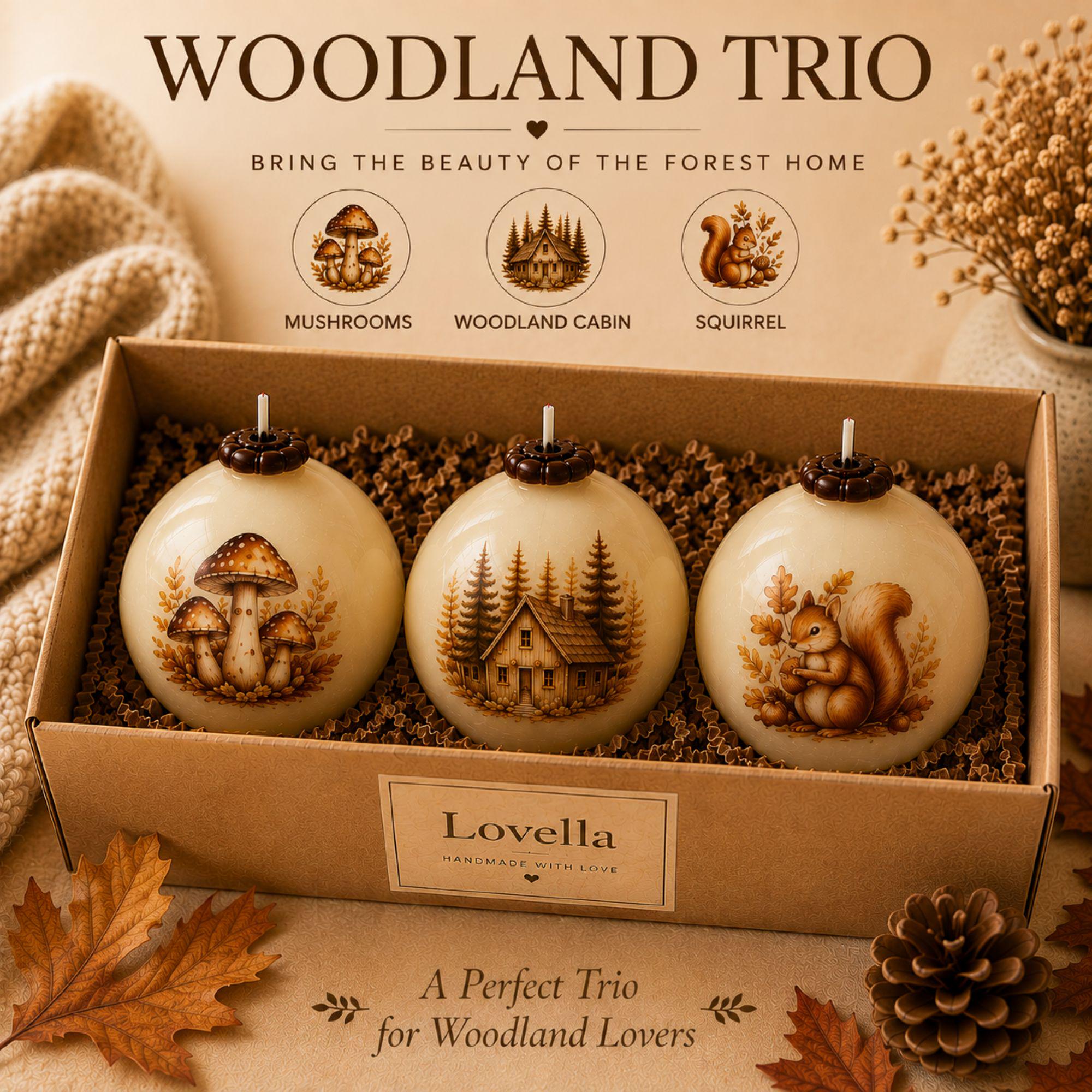 Handmade autumn sphere candle collection featuring ivory decorative fall candles with woodland cottage, mushrooms, harvest apples, pumpkins, acorns, squirrel, figs, berries, fall leaves, flowers, coffee and cozy book designs. Styled as glowing fall home decor for Thanksgiving table centerpiece, autumn dining table decor, fall mantel decoration, rustic farmhouse decor, cottagecore decor and cozy cabin decor. Unique fall candles for hostess gifts, housewarming gifts and Thanksgiving entertaining.