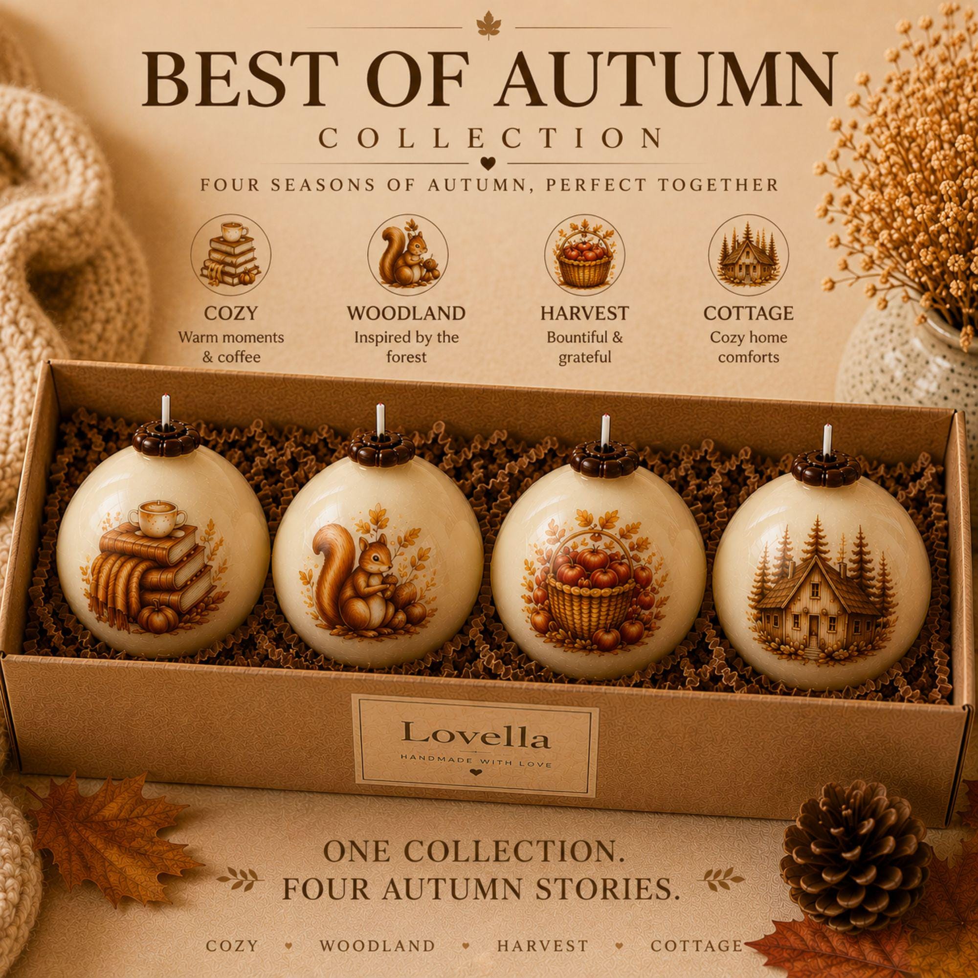 Handmade autumn sphere candle collection featuring ivory decorative fall candles with woodland cottage, mushrooms, harvest apples, pumpkins, acorns, squirrel, figs, berries, fall leaves, flowers, coffee and cozy book designs. Styled as glowing fall home decor for Thanksgiving table centerpiece, autumn dining table decor, fall mantel decoration, rustic farmhouse decor, cottagecore decor and cozy cabin decor. Unique fall candles for hostess gifts, housewarming gifts and Thanksgiving entertaining.