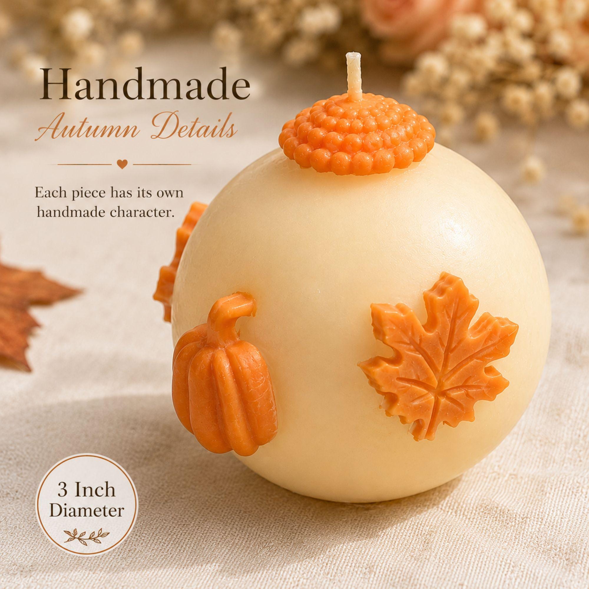Handmade fall wedding favor featuring a 3 inch ivory sphere pumpkin candle with orange autumn maple leaf and pumpkin details, beautifully presented as a rustic wedding guest gift. Unique autumn wedding favor for October and November weddings, bridal showers, engagement parties, rehearsal dinners and fall celebrations. Individually wrapped in white organza for an elegant gift-ready presentation.