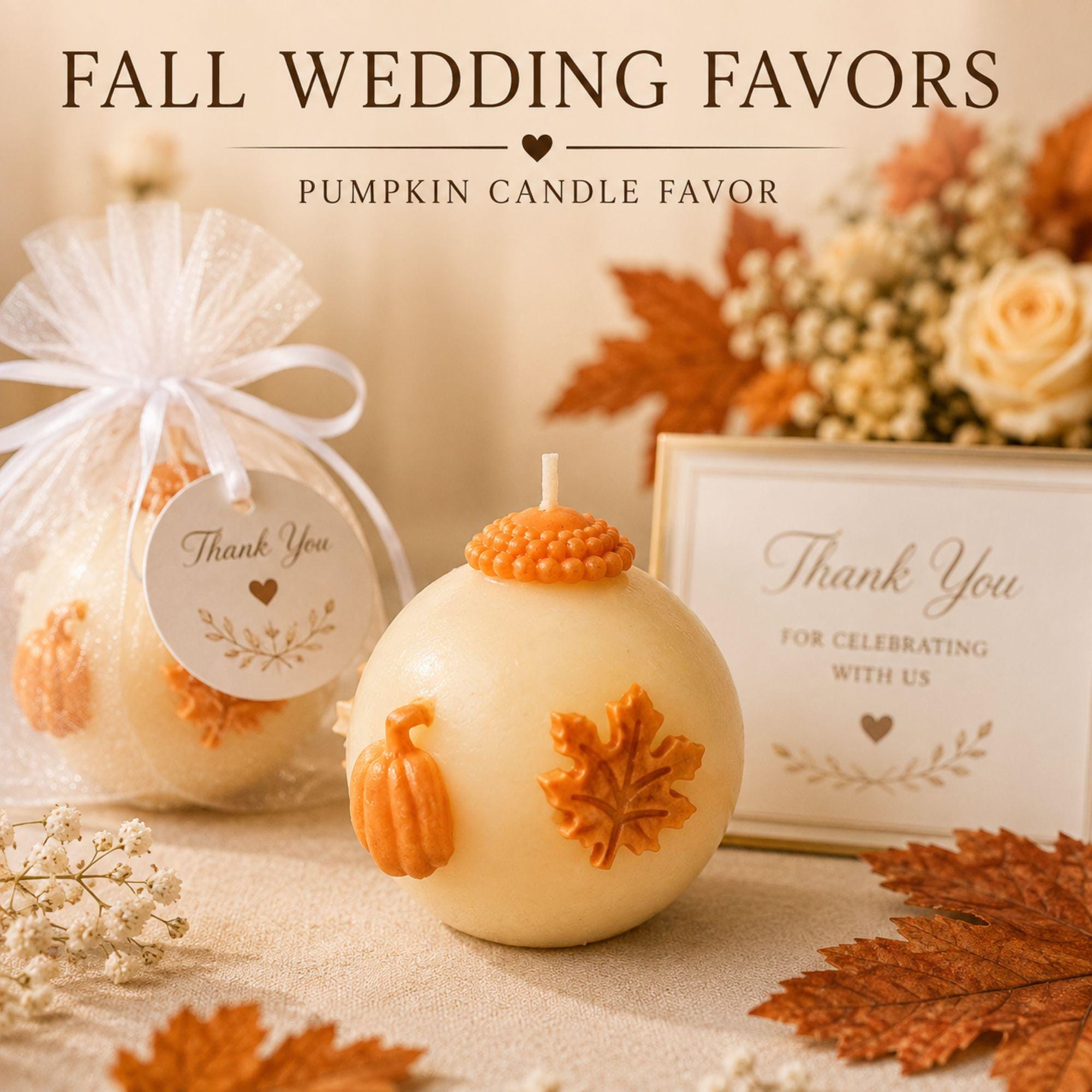 Handmade fall wedding favor featuring a 3 inch ivory sphere pumpkin candle with orange autumn maple leaf and pumpkin details, beautifully presented as a rustic wedding guest gift. Unique autumn wedding favor for October and November weddings, bridal showers, engagement parties, rehearsal dinners and fall celebrations. Individually wrapped in white organza for an elegant gift-ready presentation.