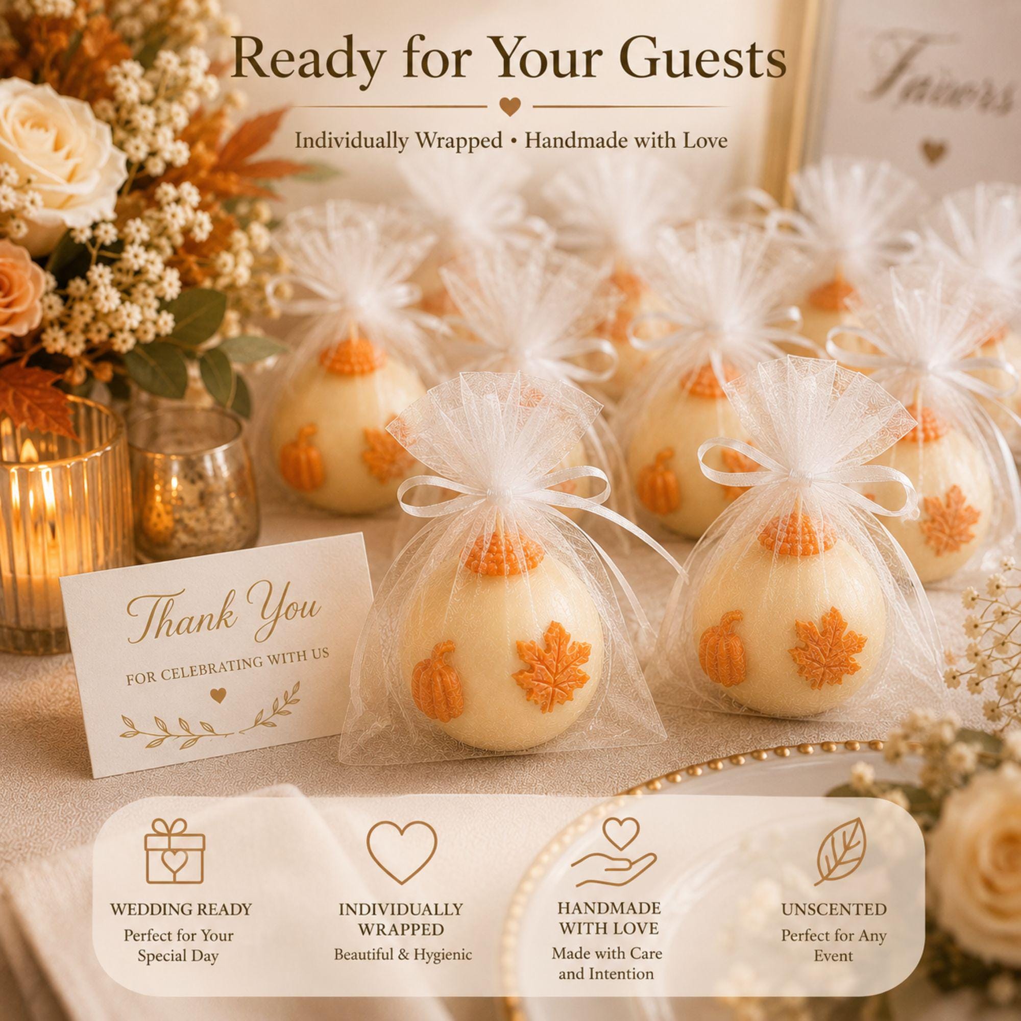 Handmade fall wedding favor featuring a 3 inch ivory sphere pumpkin candle with orange autumn maple leaf and pumpkin details, beautifully presented as a rustic wedding guest gift. Unique autumn wedding favor for October and November weddings, bridal showers, engagement parties, rehearsal dinners and fall celebrations. Individually wrapped in white organza for an elegant gift-ready presentation.