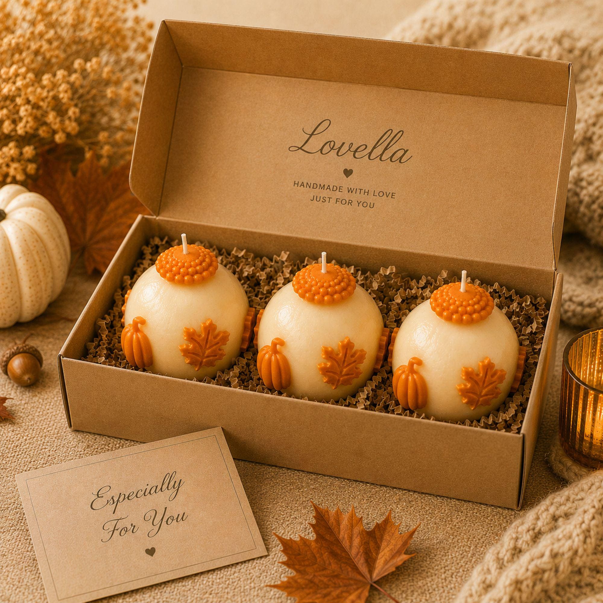 Handmade pumpkin candle set featuring ivory 3 inch sphere candles with dimensional orange pumpkins, maple leaves and autumn details, shown as a set of 2 and set of 3 in rustic kraft gift boxes. Decorative unscented fall candles for autumn home decor, Thanksgiving table decor, fall centerpiece, mantel decor, coffee table styling, farmhouse pumpkin decor, hostess gift, housewarming gift, Thanksgiving gift, fall birthday gift and unique gift for pumpkin lovers.