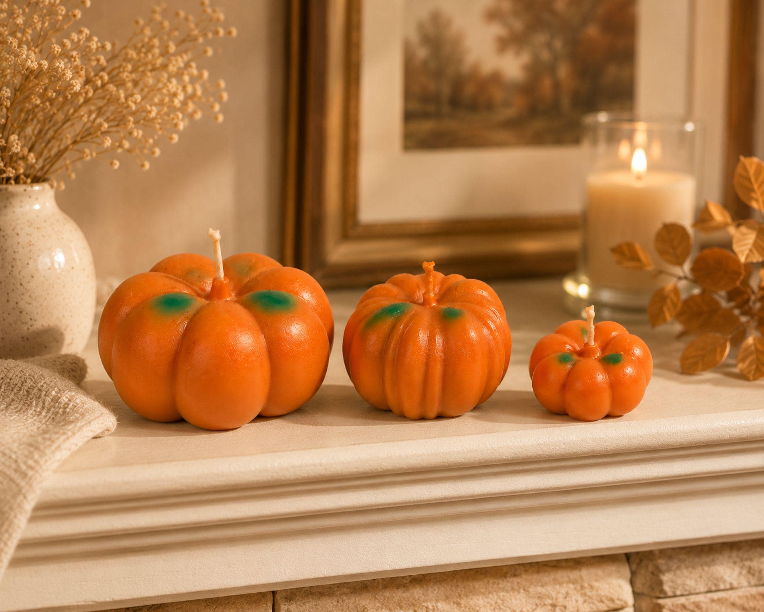 Decorative pumpkin candle set of three styled in an elegant neutral autumn home setting with soft golden light, dried flowers and fall foliage. Handmade large, medium and small orange pumpkin candles are designed for cozy fall decor, Thanksgiving centerpiece styling, mantel decor, coffee table displays and harvest decorations. Pumpkin Pie scented candle trio makes a beautiful seasonal accent for autumn homes.