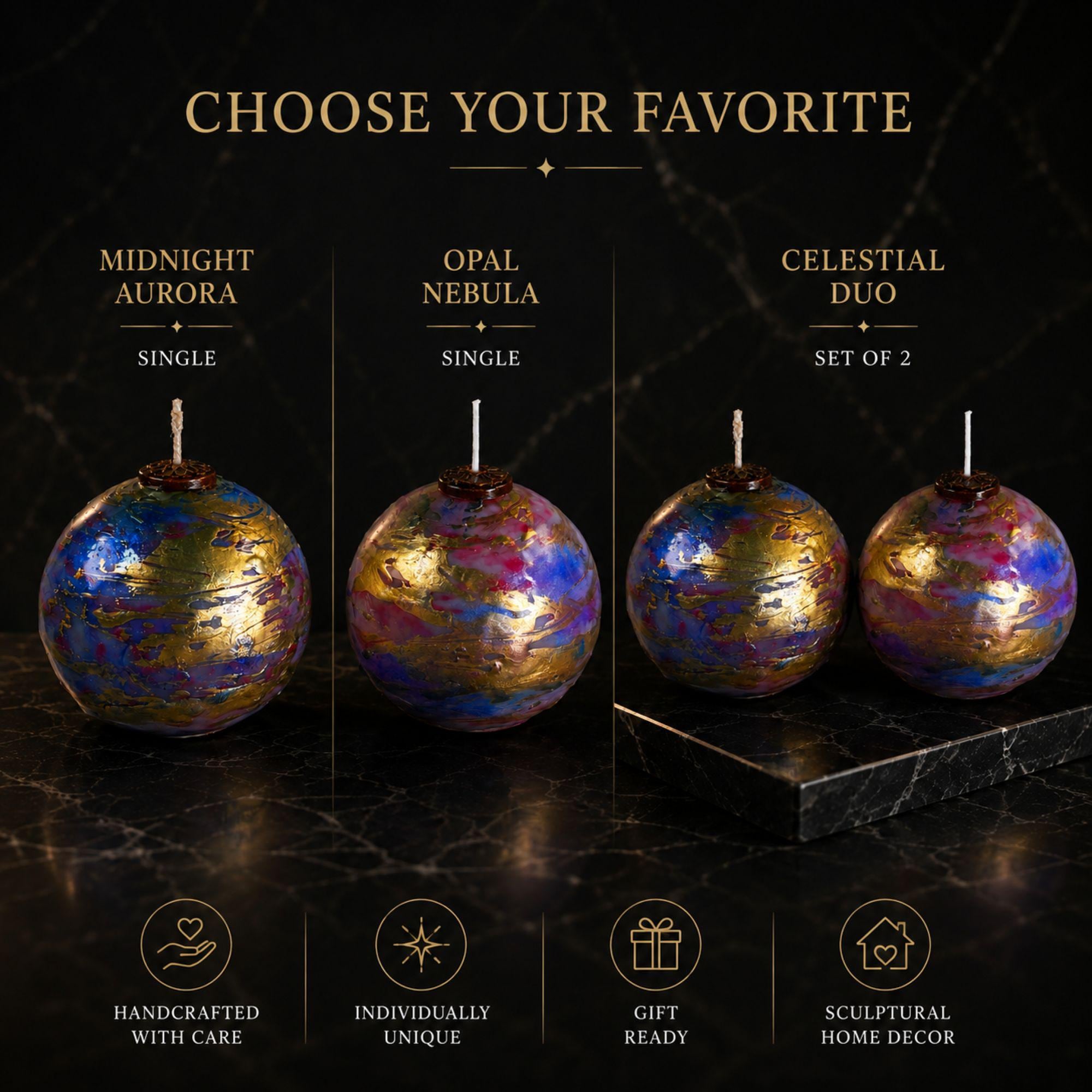 Celestial orb candle with jewel tone marbled finish and gold home decor style
