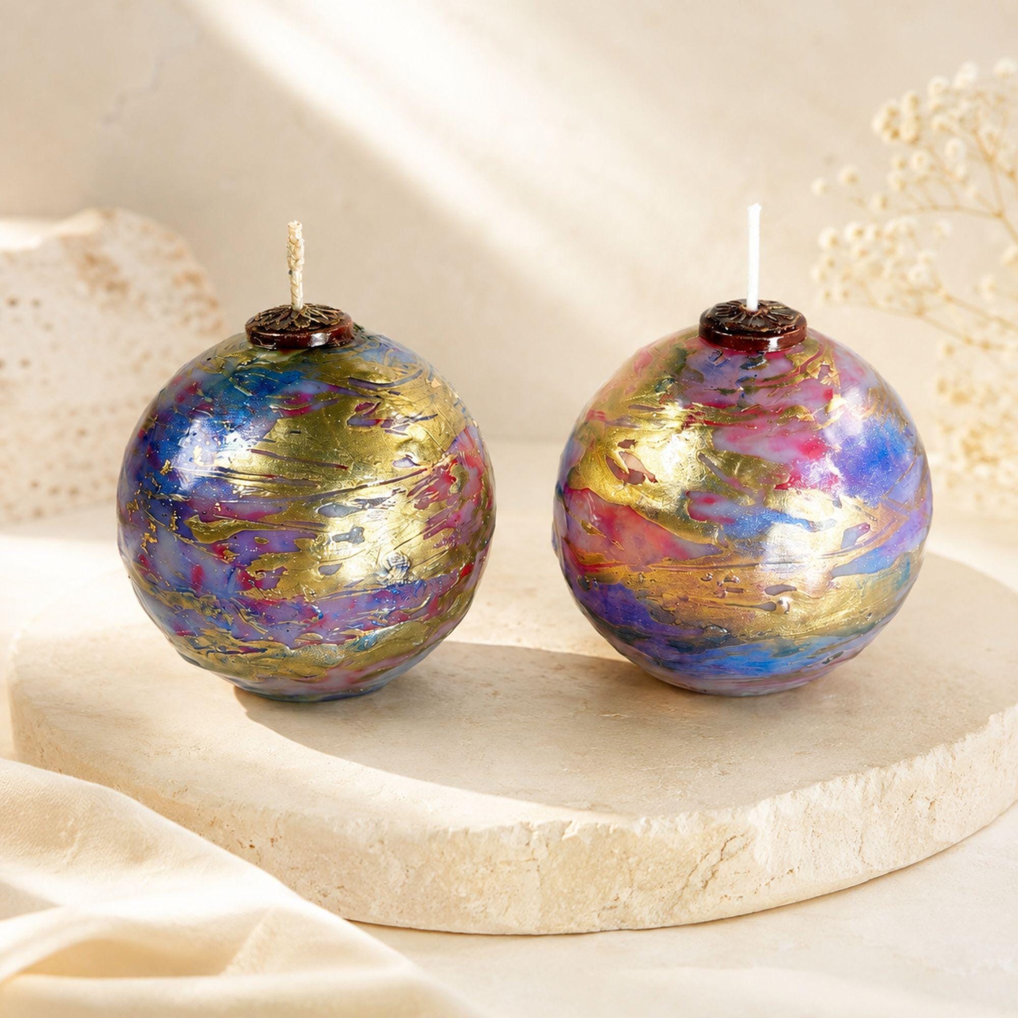 Handmade artistic decorative sphere candles featuring vibrant blue, pink, violet and metallic gold marbled finishes with unique handcrafted detailing. These colorful 3 inch unscented statement candles create striking artistic home decor, modern coffee table decor, mantel decor and unique home accents. Available as a single decorative candle or candle gift set, perfect for a housewarming gift, hostess gift, new home gift, gift for her or home decor lover.
