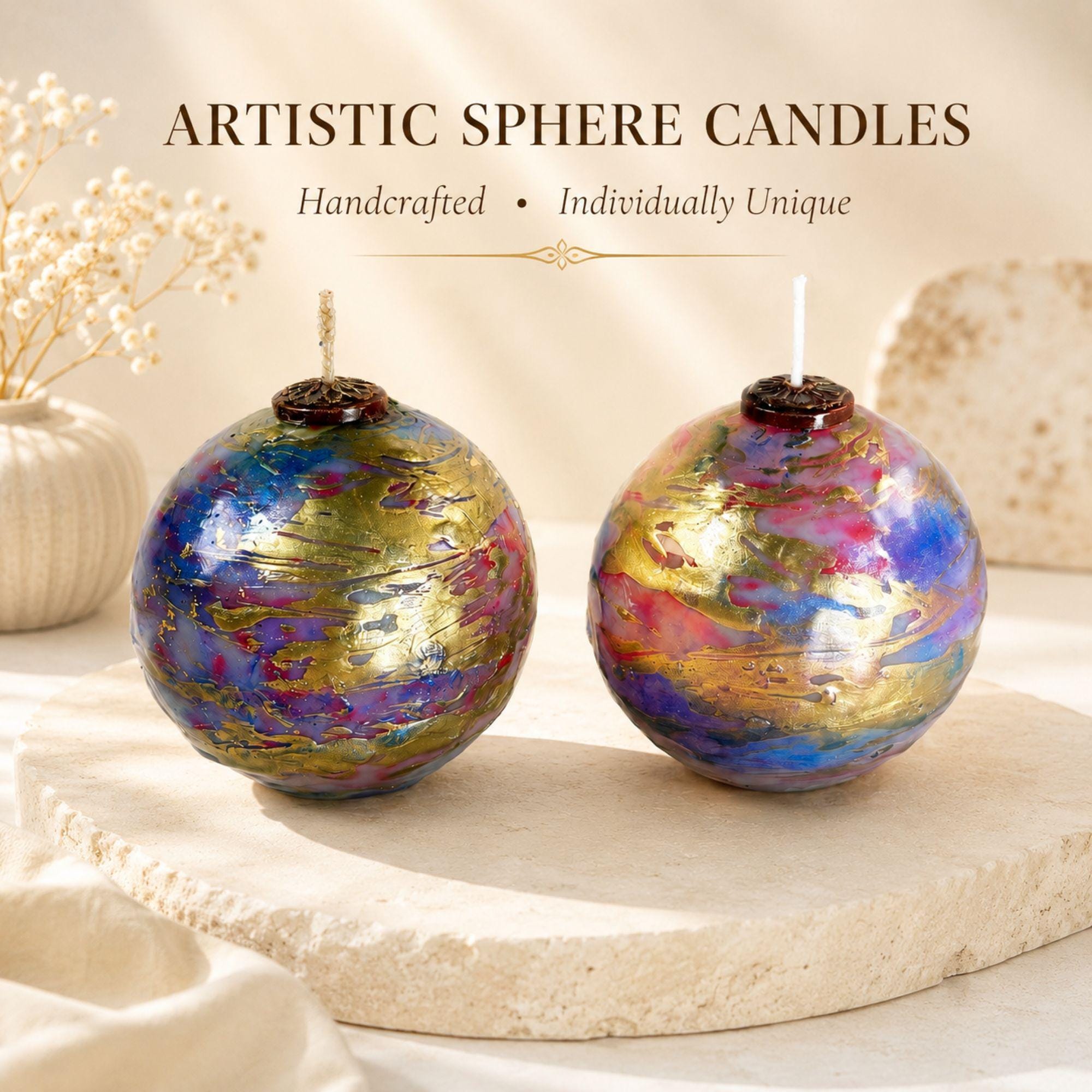 Handmade artistic decorative sphere candles featuring vibrant blue, pink, violet and metallic gold marbled finishes with unique handcrafted detailing. These colorful 3 inch unscented statement candles create striking artistic home decor, modern coffee table decor, mantel decor and unique home accents. Available as a single decorative candle or candle gift set, perfect for a housewarming gift, hostess gift, new home gift, gift for her or home decor lover.