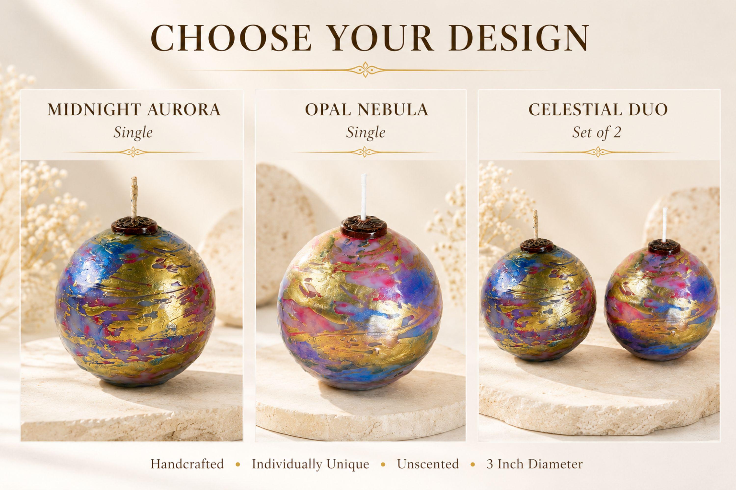 Handmade artistic decorative sphere candles featuring vibrant blue, pink, violet and metallic gold marbled finishes with unique handcrafted detailing. These colorful 3 inch unscented statement candles create striking artistic home decor, modern coffee table decor, mantel decor and unique home accents. Available as a single decorative candle or candle gift set, perfect for a housewarming gift, hostess gift, new home gift, gift for her or home decor lover.