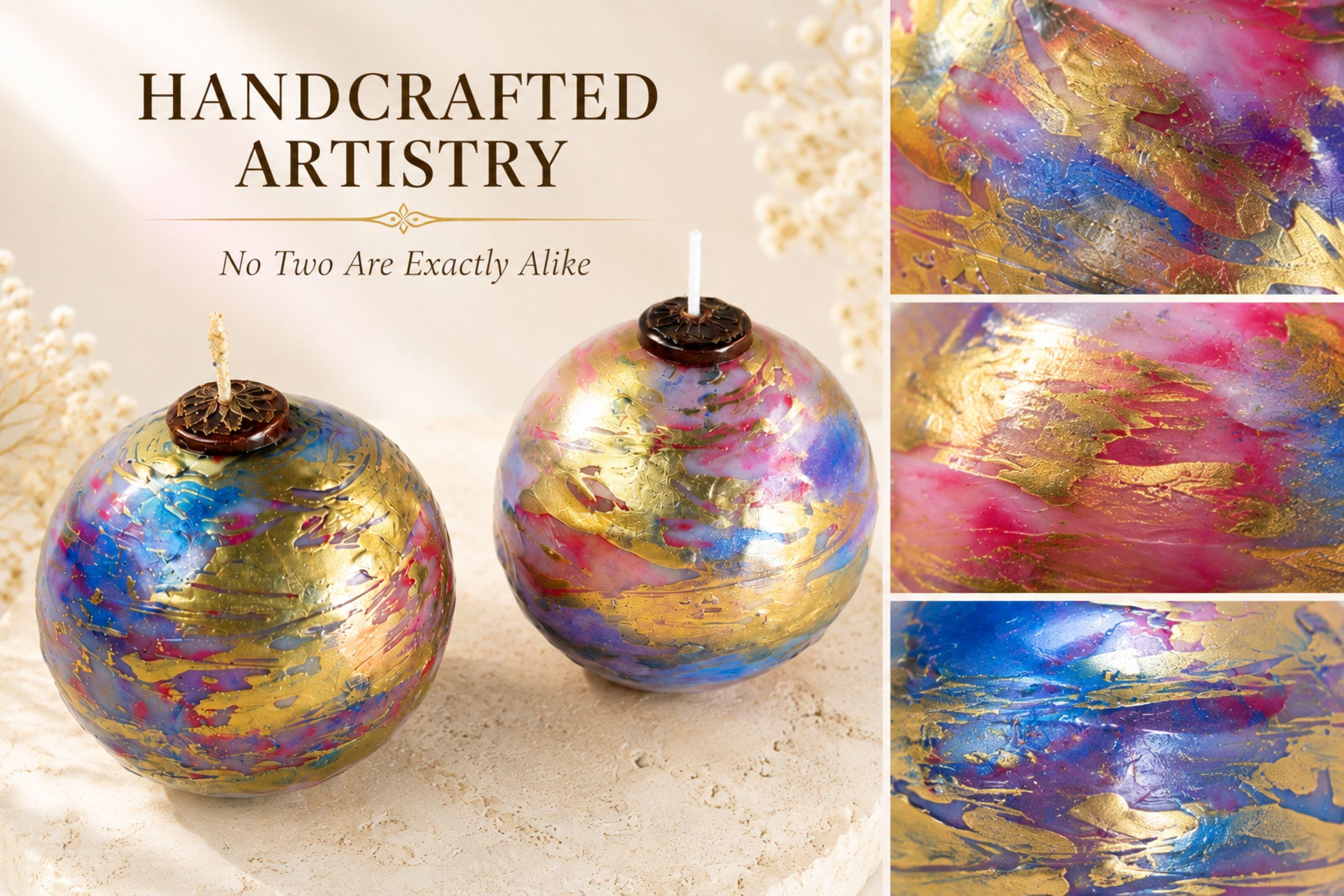Handmade artistic decorative sphere candles featuring vibrant blue, pink, violet and metallic gold marbled finishes with unique handcrafted detailing. These colorful 3 inch unscented statement candles create striking artistic home decor, modern coffee table decor, mantel decor and unique home accents. Available as a single decorative candle or candle gift set, perfect for a housewarming gift, hostess gift, new home gift, gift for her or home decor lover.