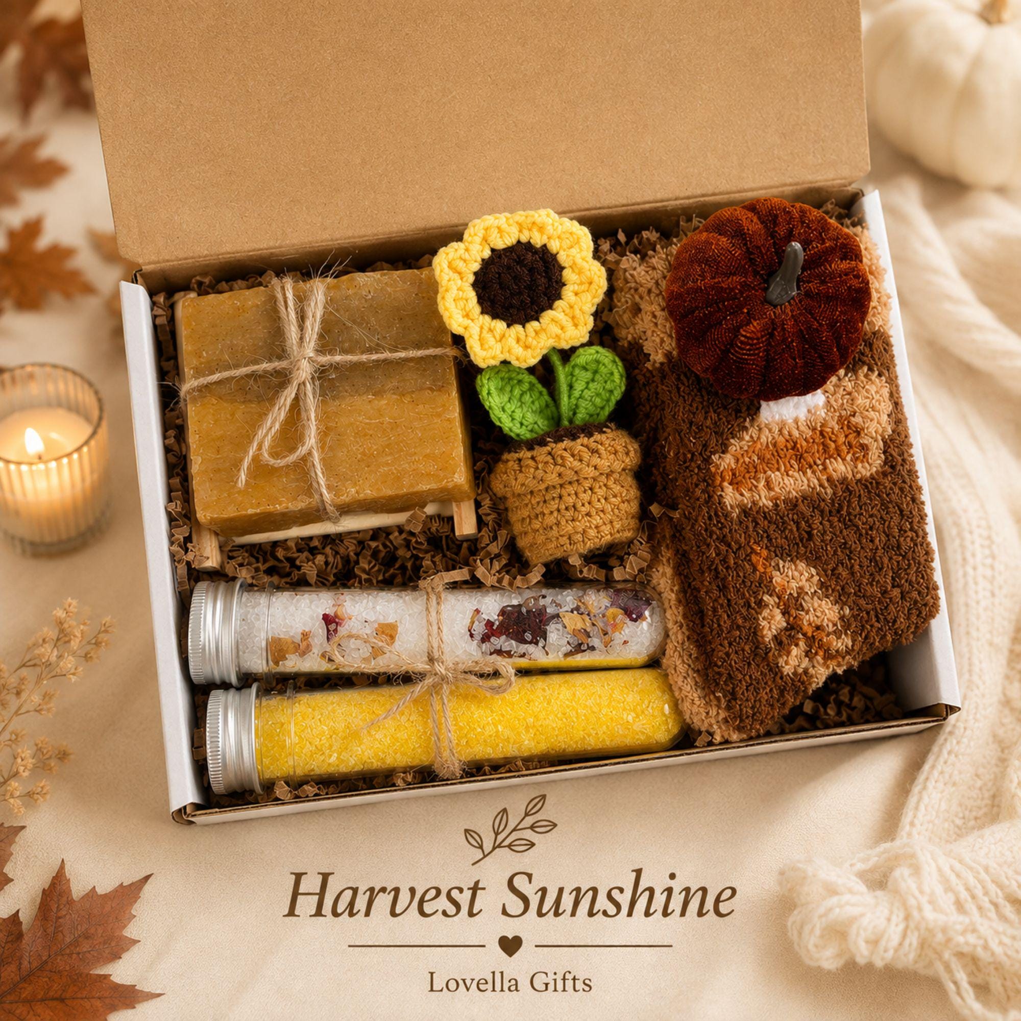 Golden Hearth fall gift box for her, a cozy autumn care package featuring pumpkin spice self care, soft fall accessories, sunflower crochet details, pumpkin accents and warm seasonal brown, orange and yellow tones. Beautiful fall gift basket for women, pumpkin spice lover gift, fall birthday gift for her, Thanksgiving hostess gift, thinking of you care package, self care gift, best friend gift, gift for Mom or cozy autumn surprise for a woman who loves fall.