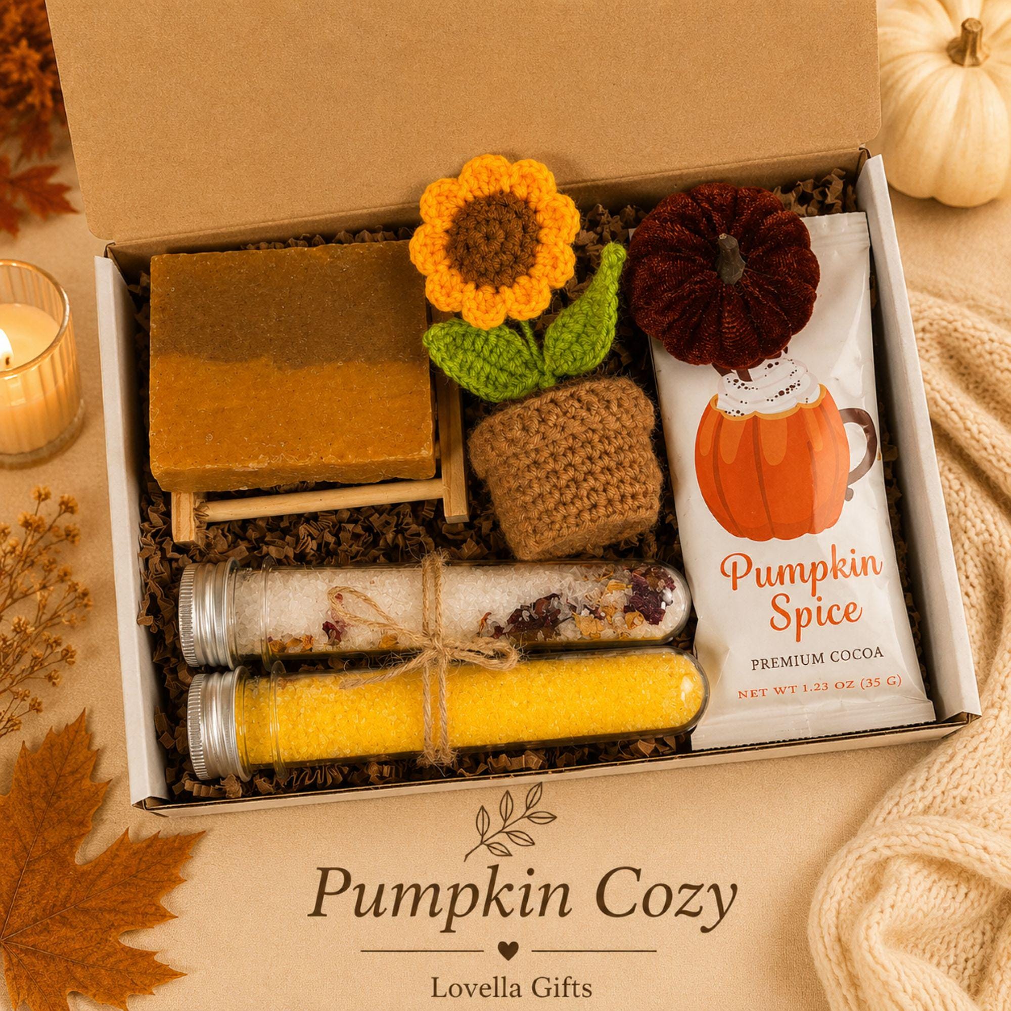 Golden Hearth fall gift box for her, a cozy autumn care package featuring pumpkin spice self care, soft fall accessories, sunflower crochet details, pumpkin accents and warm seasonal brown, orange and yellow tones. Beautiful fall gift basket for women, pumpkin spice lover gift, fall birthday gift for her, Thanksgiving hostess gift, thinking of you care package, self care gift, best friend gift, gift for Mom or cozy autumn surprise for a woman who loves fall.