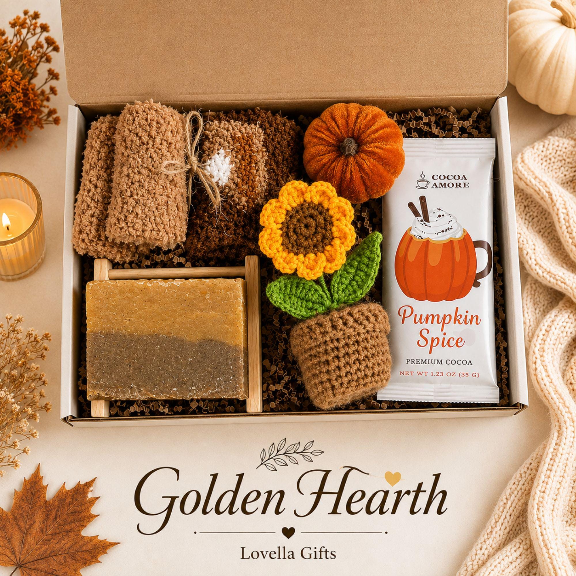 Golden Hearth fall gift box for her, a cozy autumn care package featuring pumpkin spice self care, soft fall accessories, sunflower crochet details, pumpkin accents and warm seasonal brown, orange and yellow tones. Beautiful fall gift basket for women, pumpkin spice lover gift, fall birthday gift for her, Thanksgiving hostess gift, thinking of you care package, self care gift, best friend gift, gift for Mom or cozy autumn surprise for a woman who loves fall.