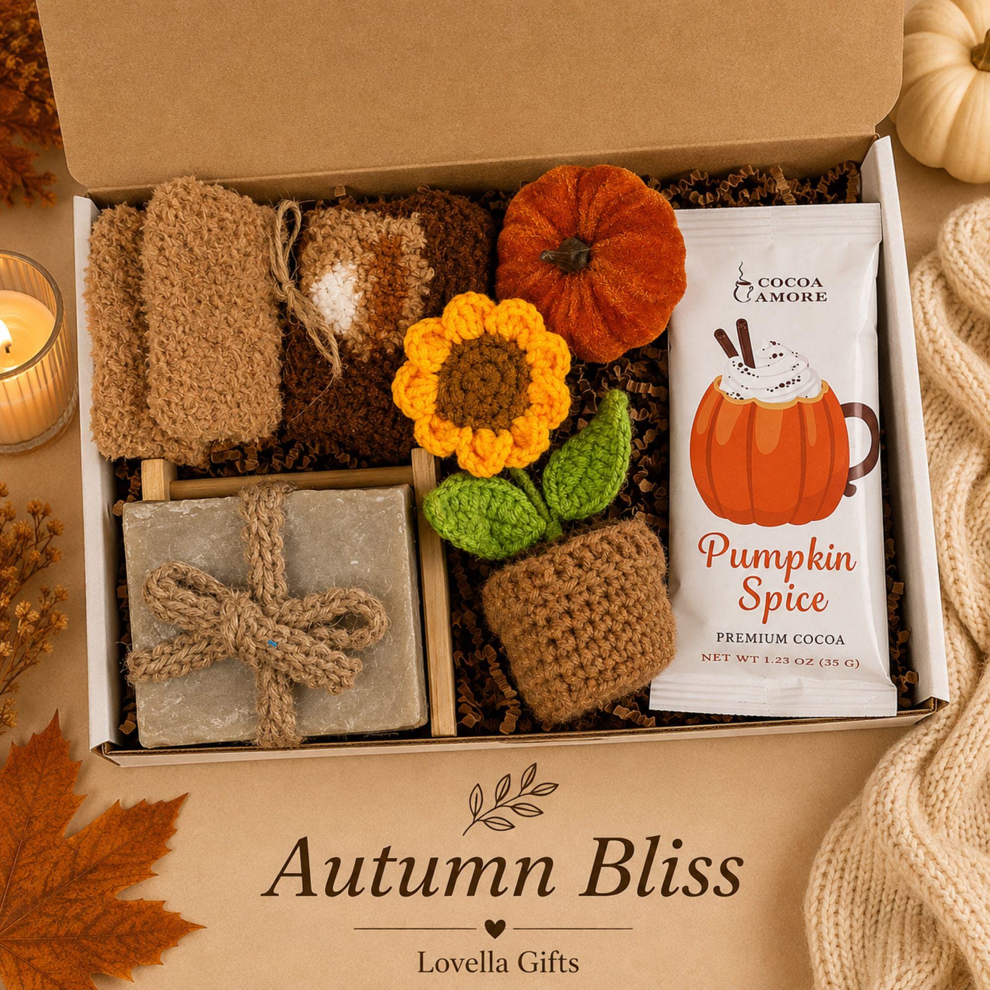Golden Hearth fall gift box for her, a cozy autumn care package featuring pumpkin spice self care, soft fall accessories, sunflower crochet details, pumpkin accents and warm seasonal brown, orange and yellow tones. Beautiful fall gift basket for women, pumpkin spice lover gift, fall birthday gift for her, Thanksgiving hostess gift, thinking of you care package, self care gift, best friend gift, gift for Mom or cozy autumn surprise for a woman who loves fall.