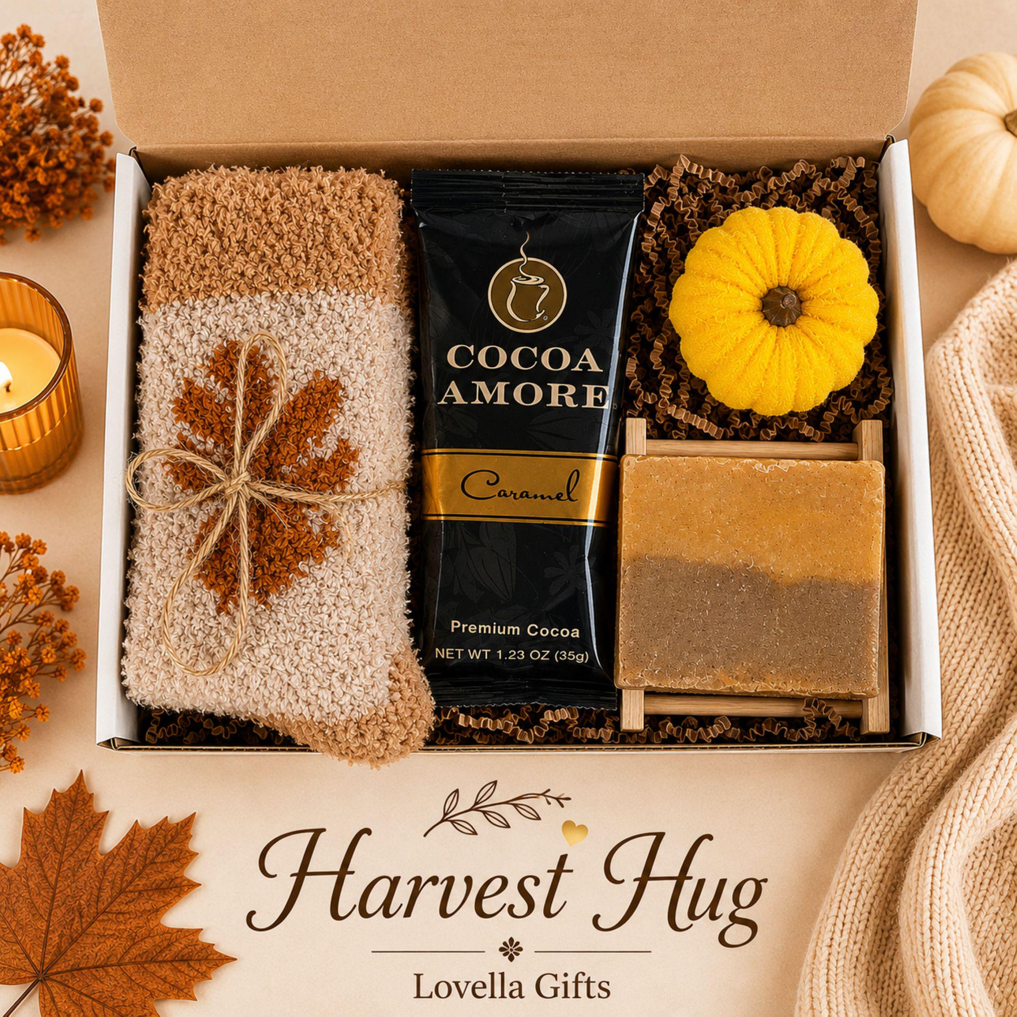 Golden Hearth fall gift box for her, a cozy autumn care package featuring pumpkin spice self care, soft fall accessories, sunflower crochet details, pumpkin accents and warm seasonal brown, orange and yellow tones. Beautiful fall gift basket for women, pumpkin spice lover gift, fall birthday gift for her, Thanksgiving hostess gift, thinking of you care package, self care gift, best friend gift, gift for Mom or cozy autumn surprise for a woman who loves fall.