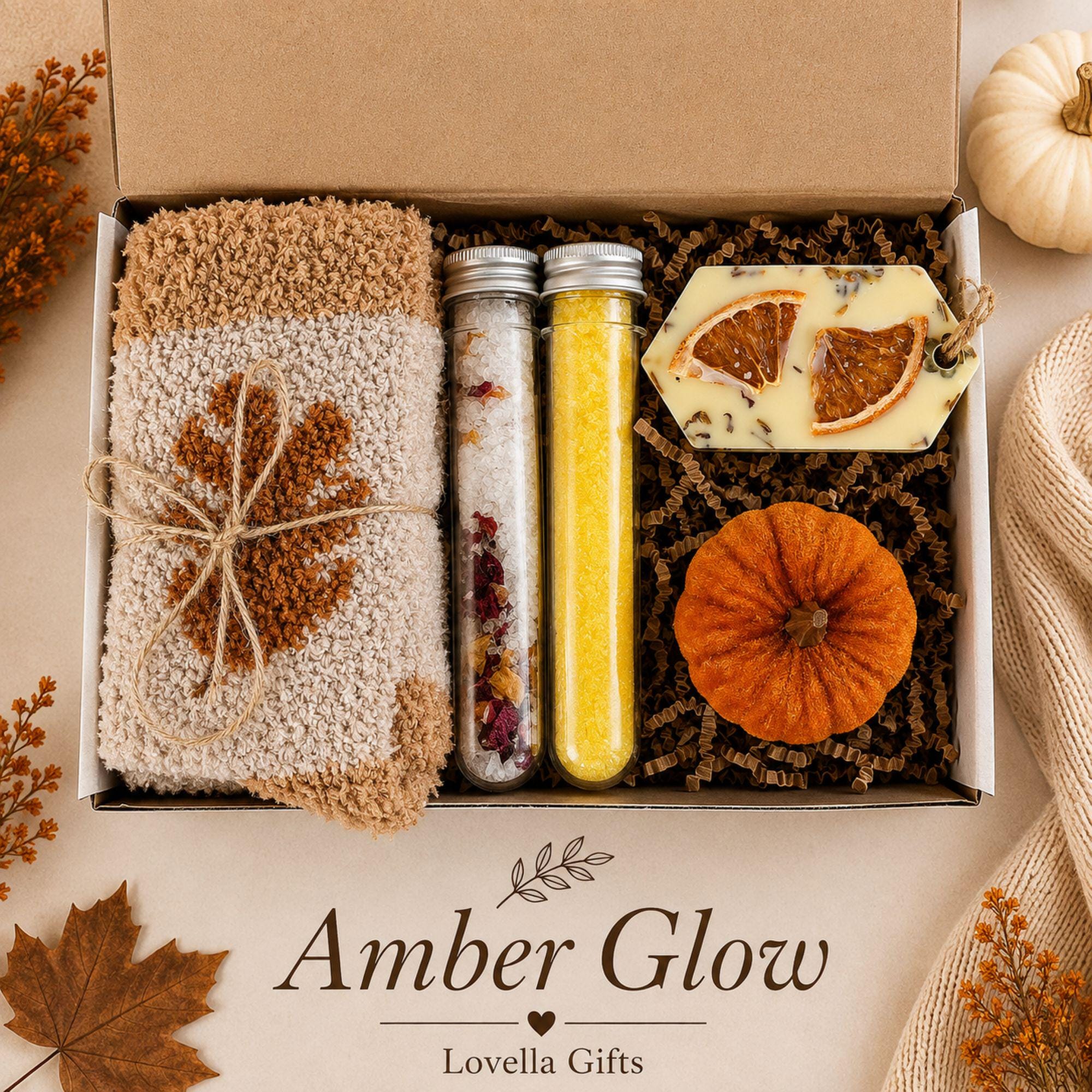 Golden Hearth fall gift box for her, a cozy autumn care package featuring pumpkin spice self care, soft fall accessories, sunflower crochet details, pumpkin accents and warm seasonal brown, orange and yellow tones. Beautiful fall gift basket for women, pumpkin spice lover gift, fall birthday gift for her, Thanksgiving hostess gift, thinking of you care package, self care gift, best friend gift, gift for Mom or cozy autumn surprise for a woman who loves fall.