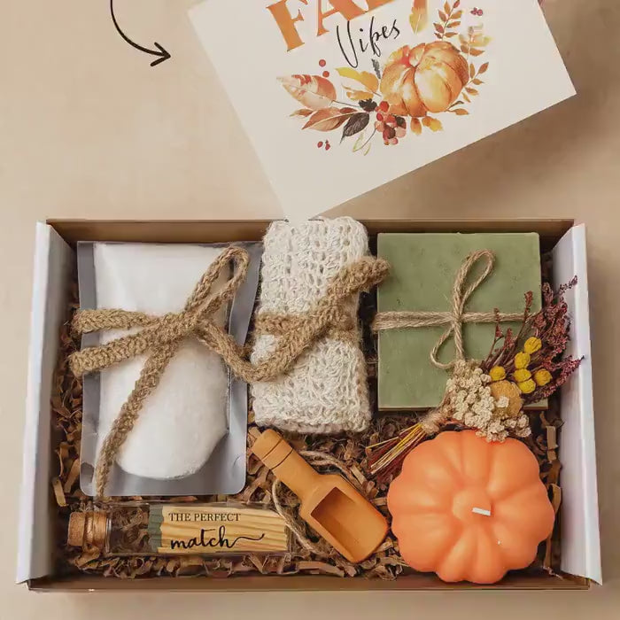 Small Fall Gift Basket: Pumpkin Spice Candle, Halloween Spa Self-Care Set