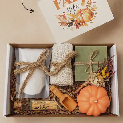 Small Fall Gift Basket: Pumpkin Spice Candle, Halloween Spa Self-Care Set