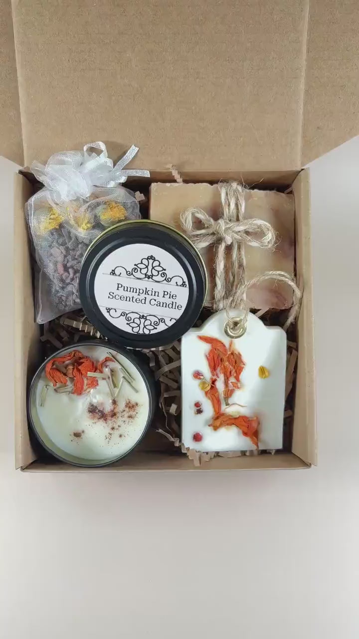 Hygge Fall Gift Box: Pumpkin Spice Spa Set, Handmade Candle & Soap