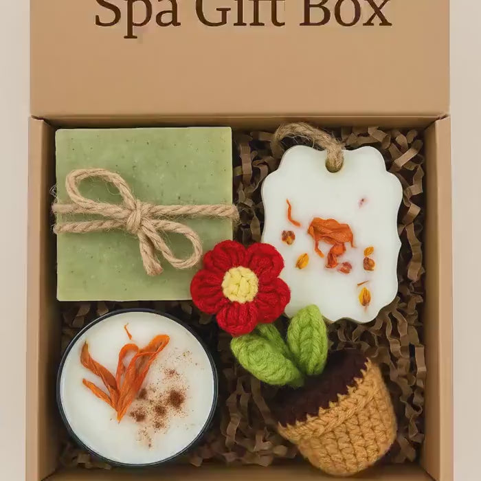 Holiday Spa Gift Box Handmade Soap, Candle, Crochet Flower – Eco Friendly Self Care Set