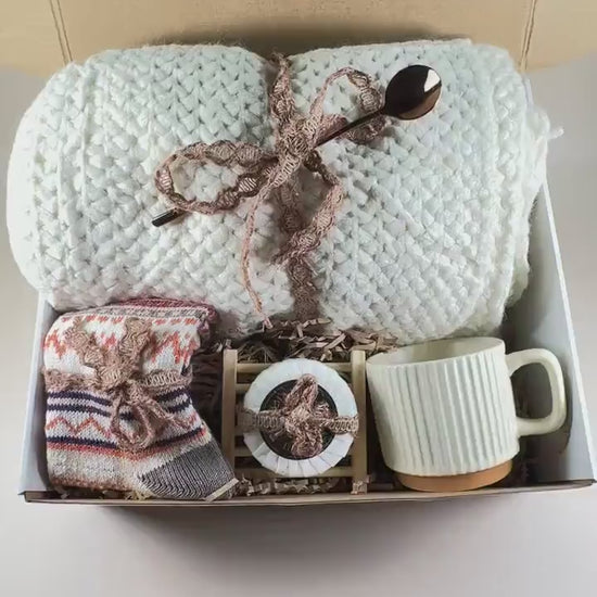 Fall Gift Basket: October Gift Box - Cozy Blanket Care Package with Spa and Self-Care Items