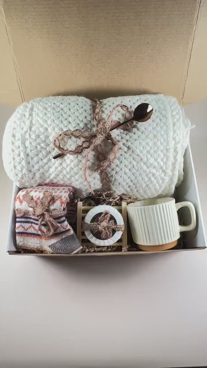 Fall Gift Basket: October Gift Box - Cozy Blanket Care Package with Spa and Self-Care Items