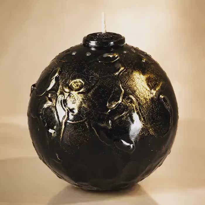 Luxury Black & Gold Sphere Candle handmade decorative candle for gothic decor, modern home decor, sculptural wax art, and housewarming gift. Product video.