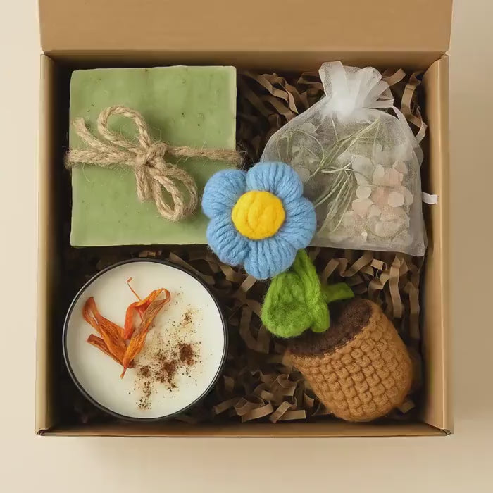 Relaxation Gift Box – Stress Relief Spa Set with Handmade Soap, Crochet Flower – Self Care