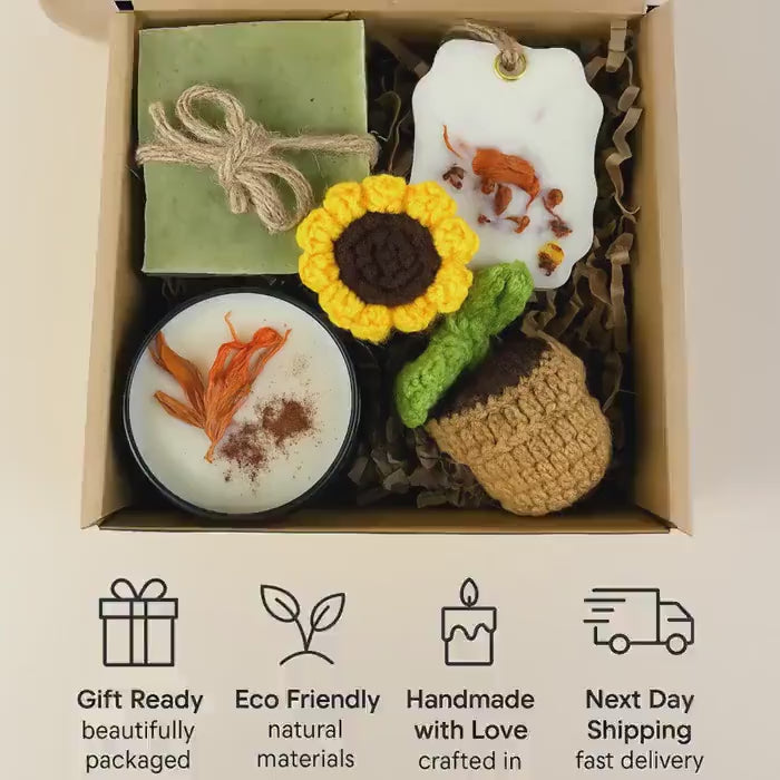 Self Care Package, Thank You Gift Box – Crochet Sunflower, Handmade Soap, Eco Friendly