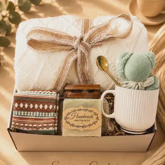 Hysterectomy Recovery Gift Box with cozy self care comfort items, surgery care package styling, get well soon support, and thoughtful gift for women presentation.