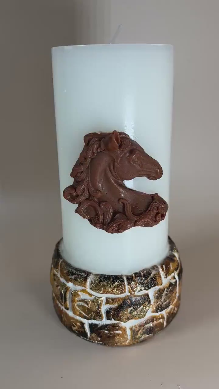 Horse Lover Gift candle video showing the white horse pillar candle with sculpted horse relief, rustic base, and equestrian styling for horse mom gift, horse owner gift, memorial gift, and ranch decor.