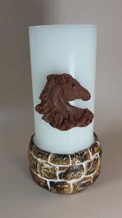 Horse Lover Gift candle video showing the white horse pillar candle with sculpted horse relief, rustic base, and equestrian styling for horse mom gift, horse owner gift, memorial gift, and ranch decor.